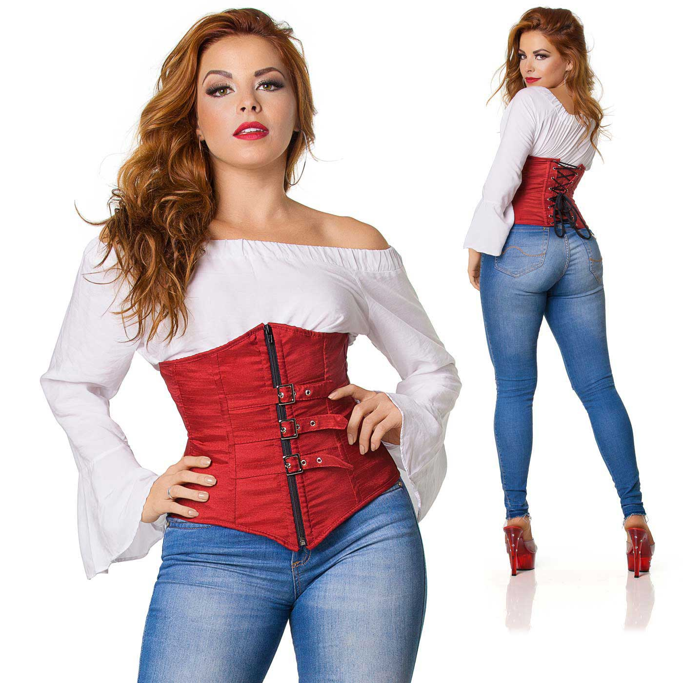 Detalhe do Corselet Fivela Vermelho, mostrando o z�per frontal e as fivelas