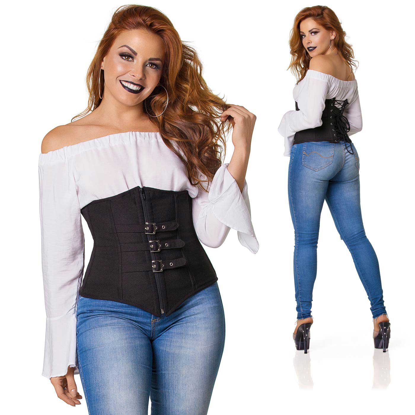 Manequim com o Corselet Fivela Preto em detalhes das fivelas e acabamento