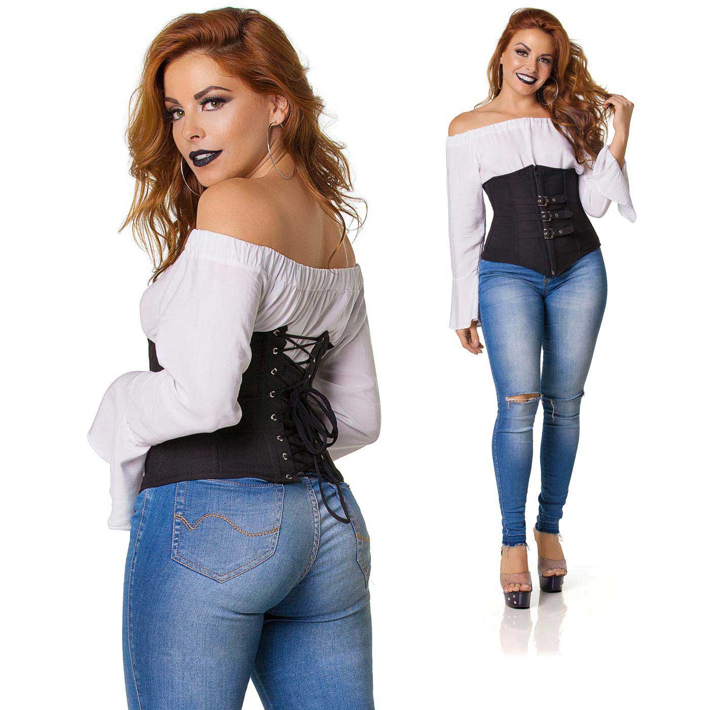 Detalhe do Corselet Fivela Preto, frontal e traseiro, com blusa branca e cal�a jeans