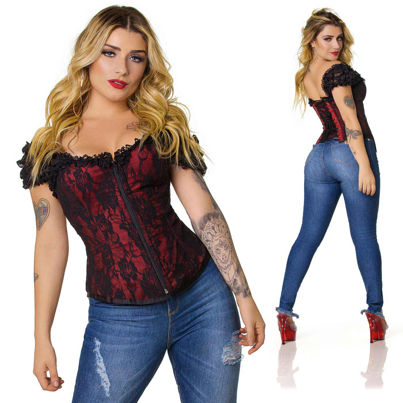 Modelo usando Corpete com Al�a Vermelho em duas poses, frontal e traseira