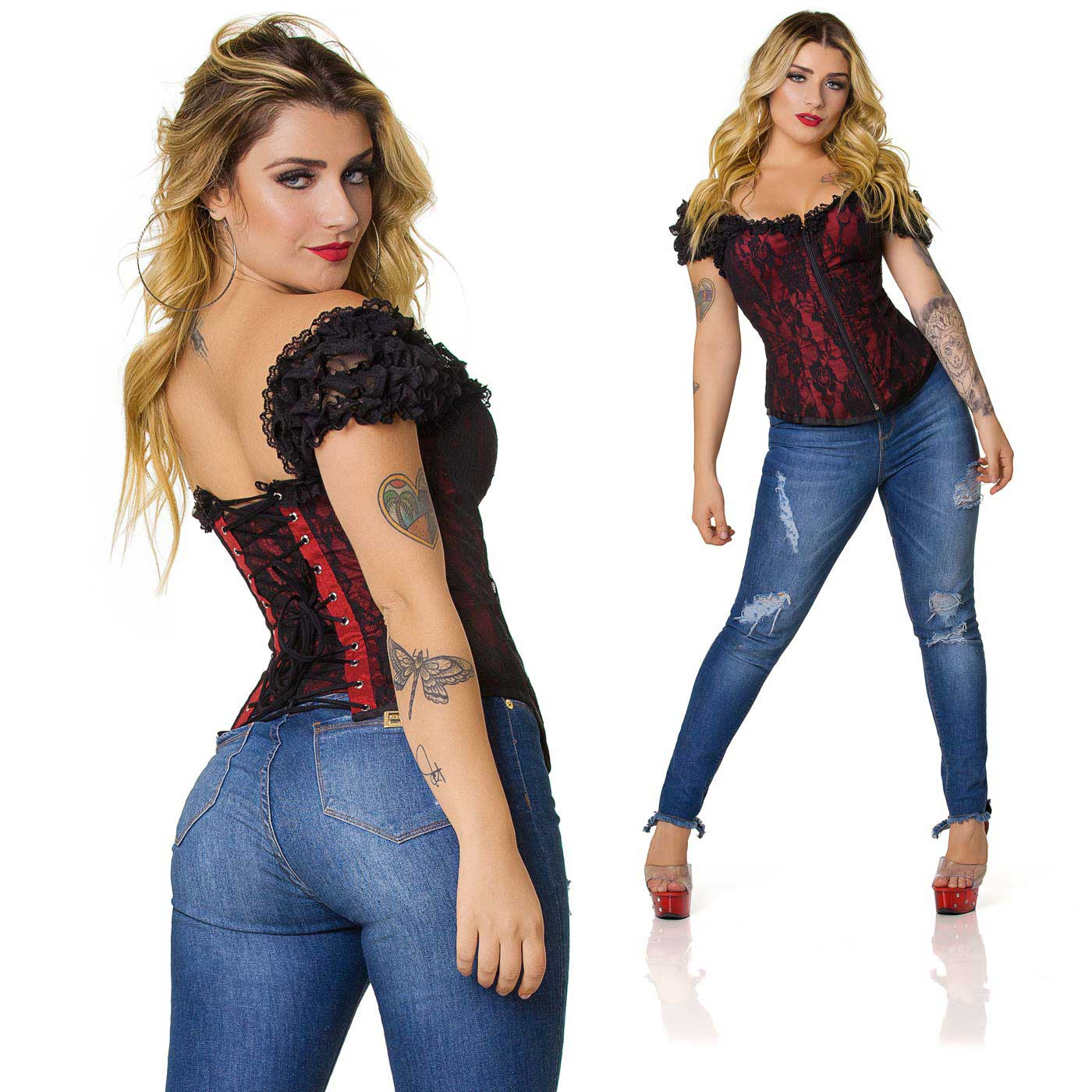 Modelo em corpo inteiro usando Corpete com Al�a Vermelho e cal�a jeans