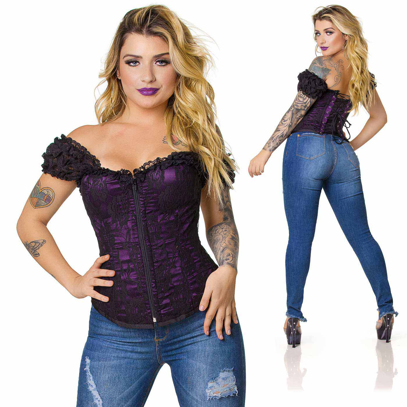 Corpete Roxo com Al�a | Meio corpo da modelo, evidenciando o decote, z�per e tecidos