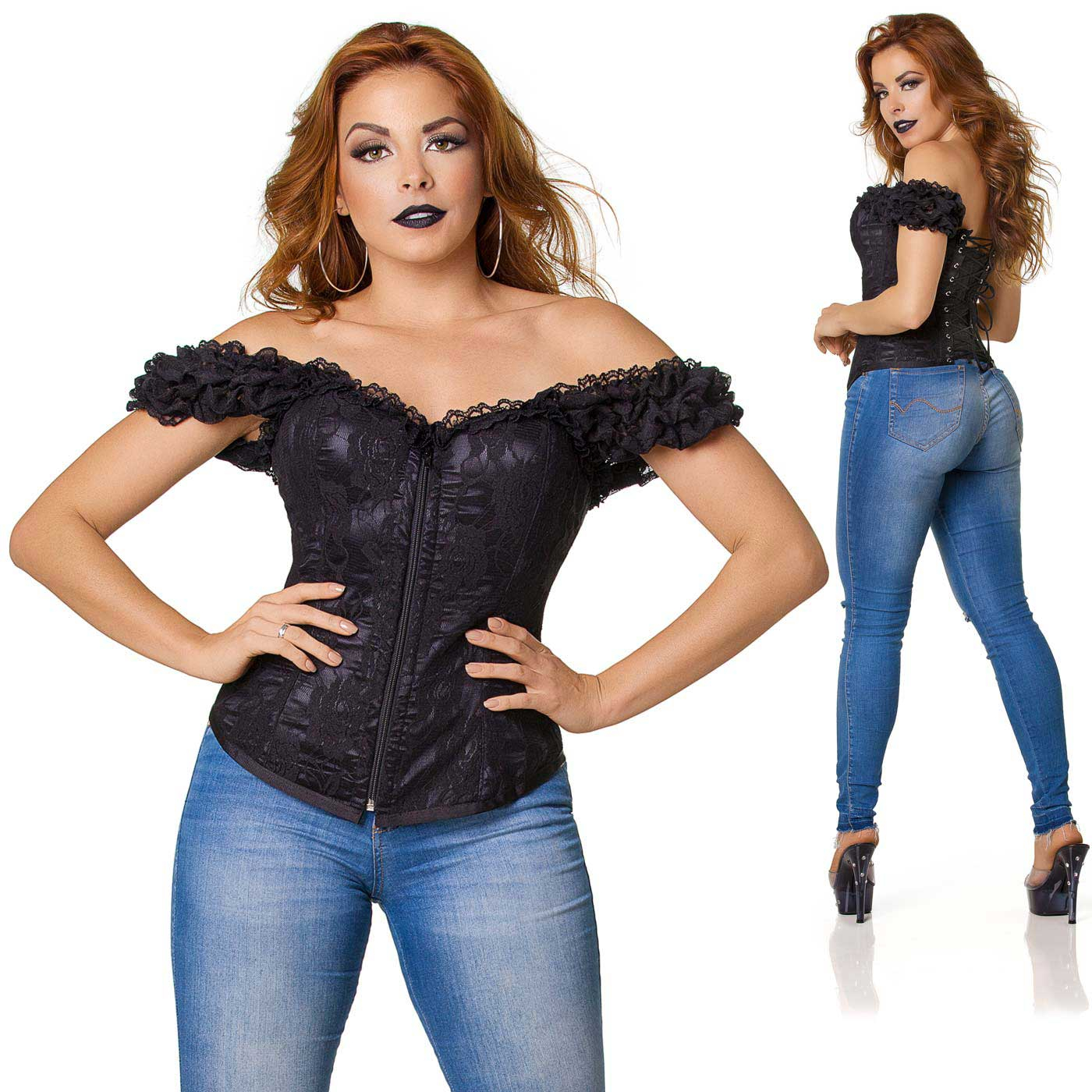 Corpete com Al�a Preto | Modelo posando de frente e de costas, mostrando o caimento perfeito
