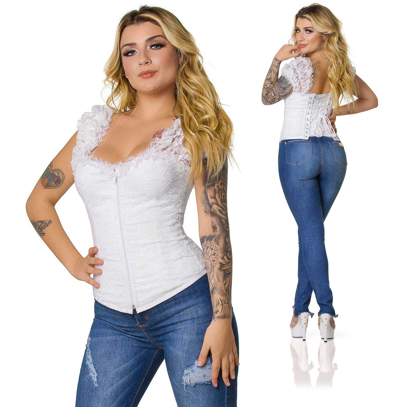 Conjunto do Corpete com Al�a Branco e jeans - Destaque no corpo da modelo