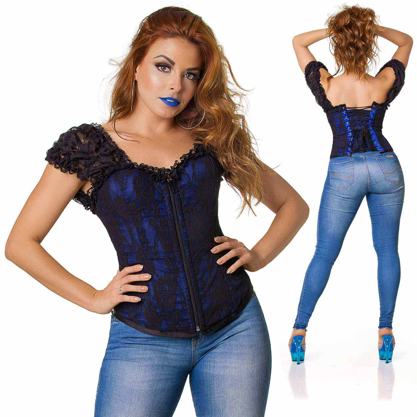 Corpete com Al�a Azul em close frontal, destacando o z�per e a textura da renda