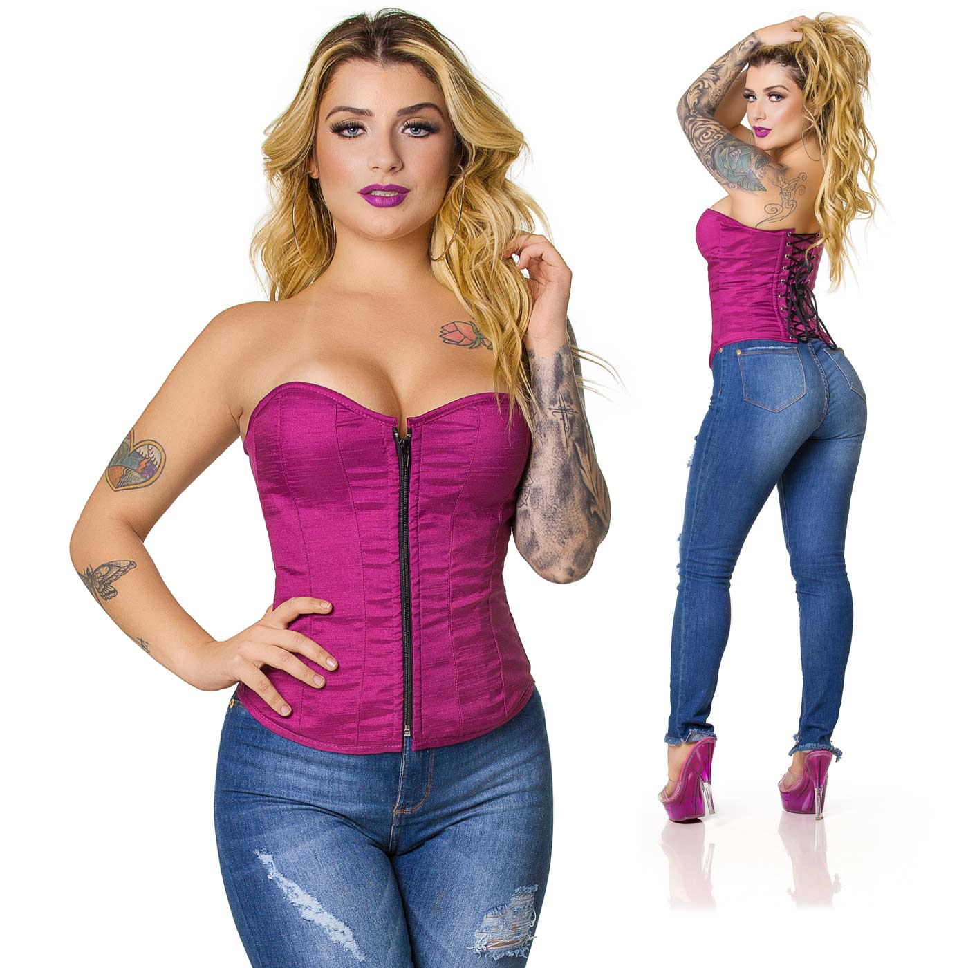 Corpete Simples Vinho | Modelo em vista combinada frontal e traseira, mostrando detalhes