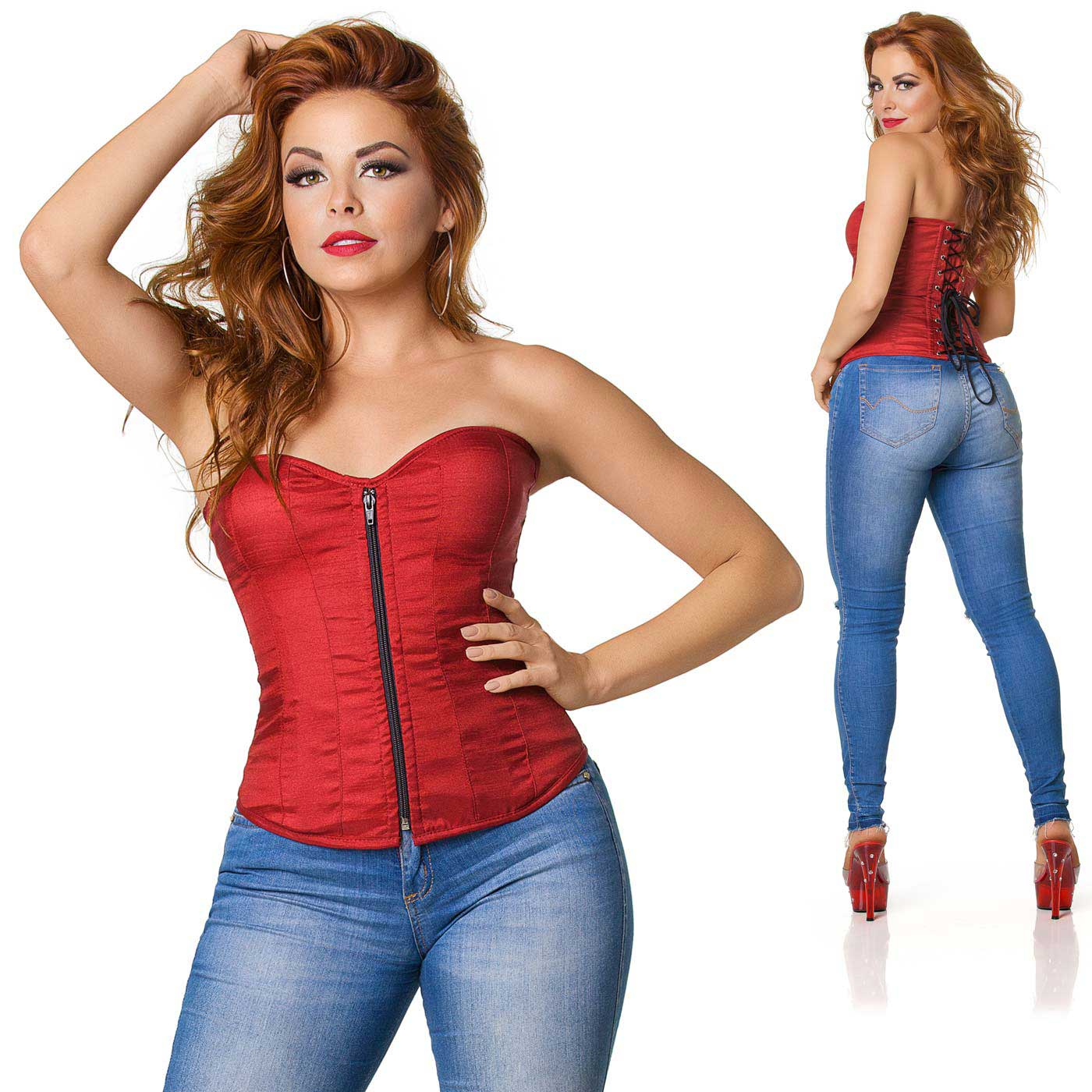 Corpete Simples Vermelho frontal e detalhe dos la�os da amarra��o