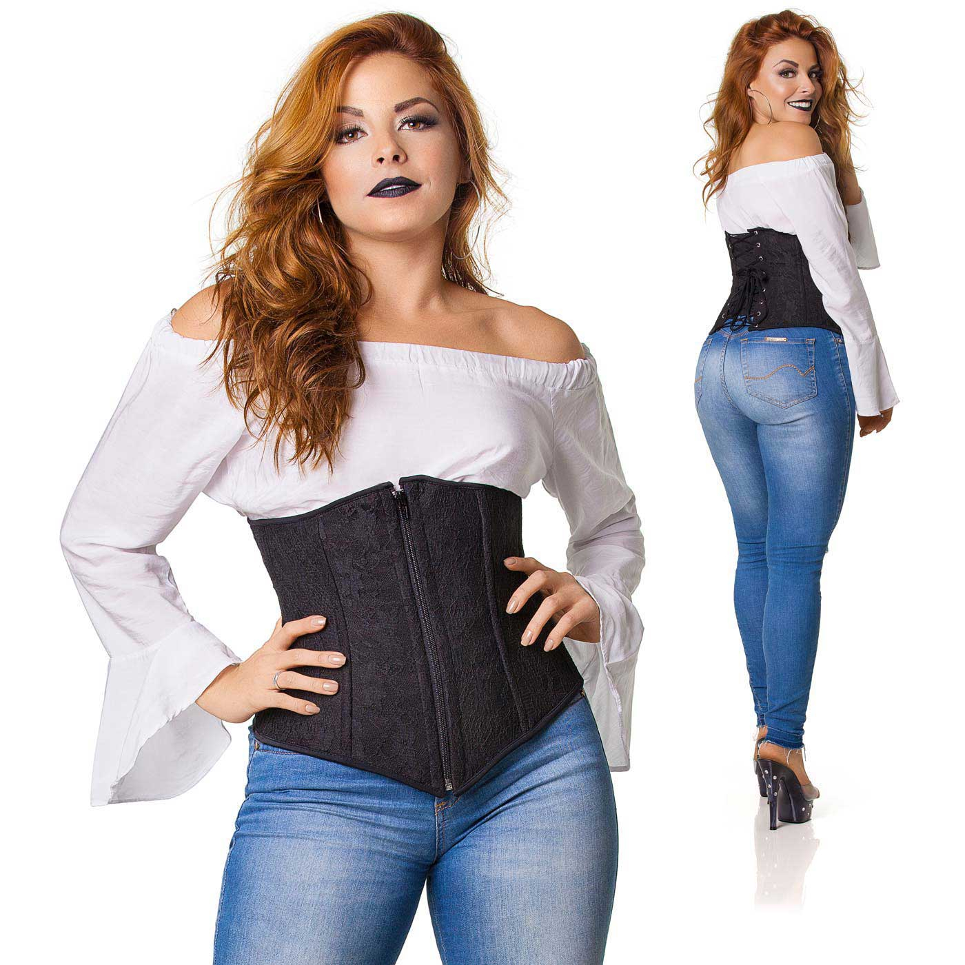 Corselet Simples Renda Preta Preto em montagem, vista frontal detalhada e imagem completa de costas