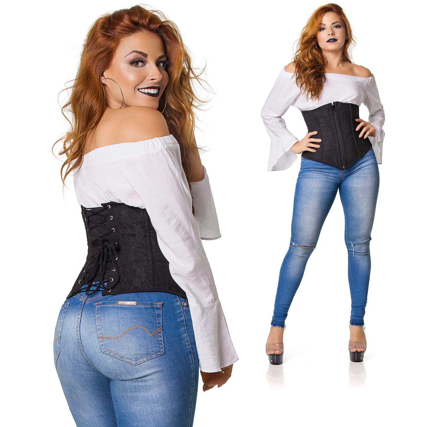 Corselet Simples Renda Preta Preto em close da amarra��o de cadar�o e foto completa de frente