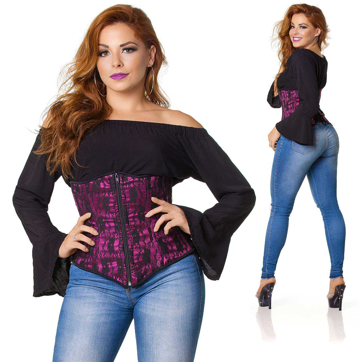 Detalhe do corselet simples renda preta vinho com destaque para a renda e o ziper