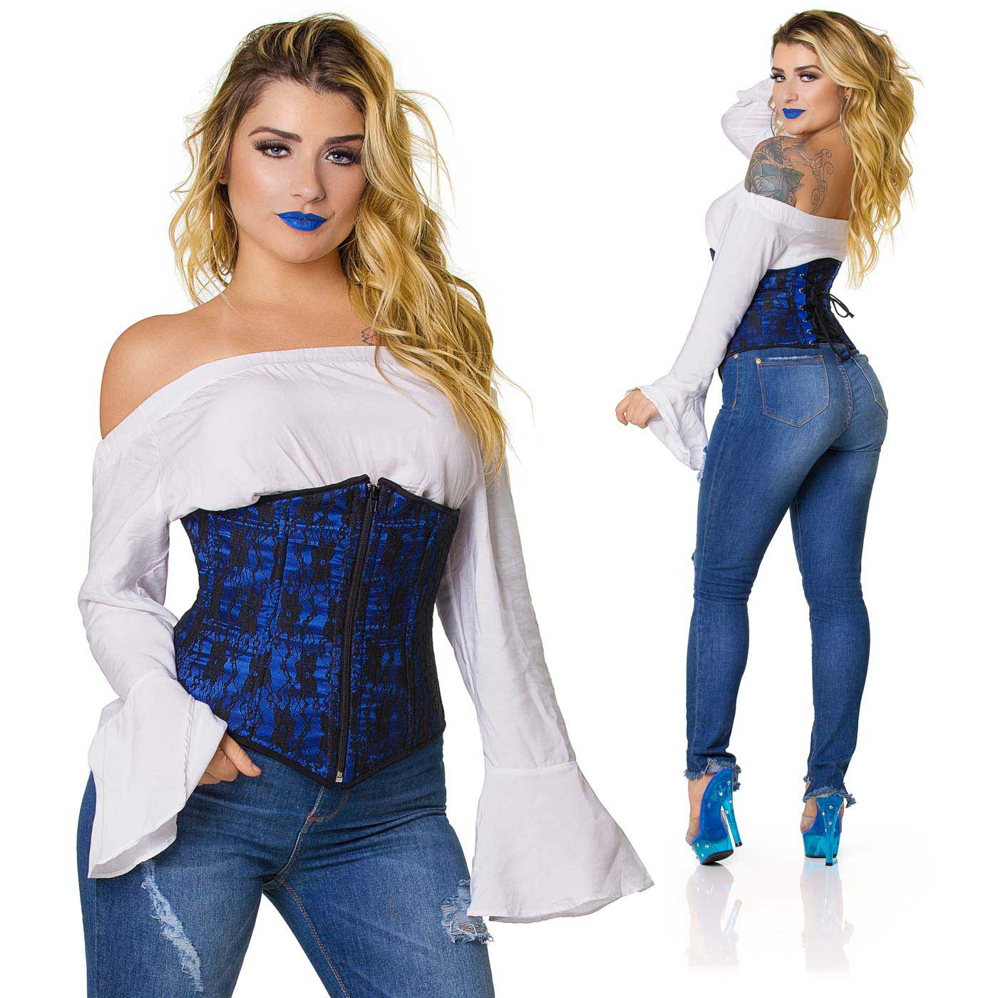 Corselet Simples Renda Preta Azul - foto detalhada mostrando o ziper lateral e a renda