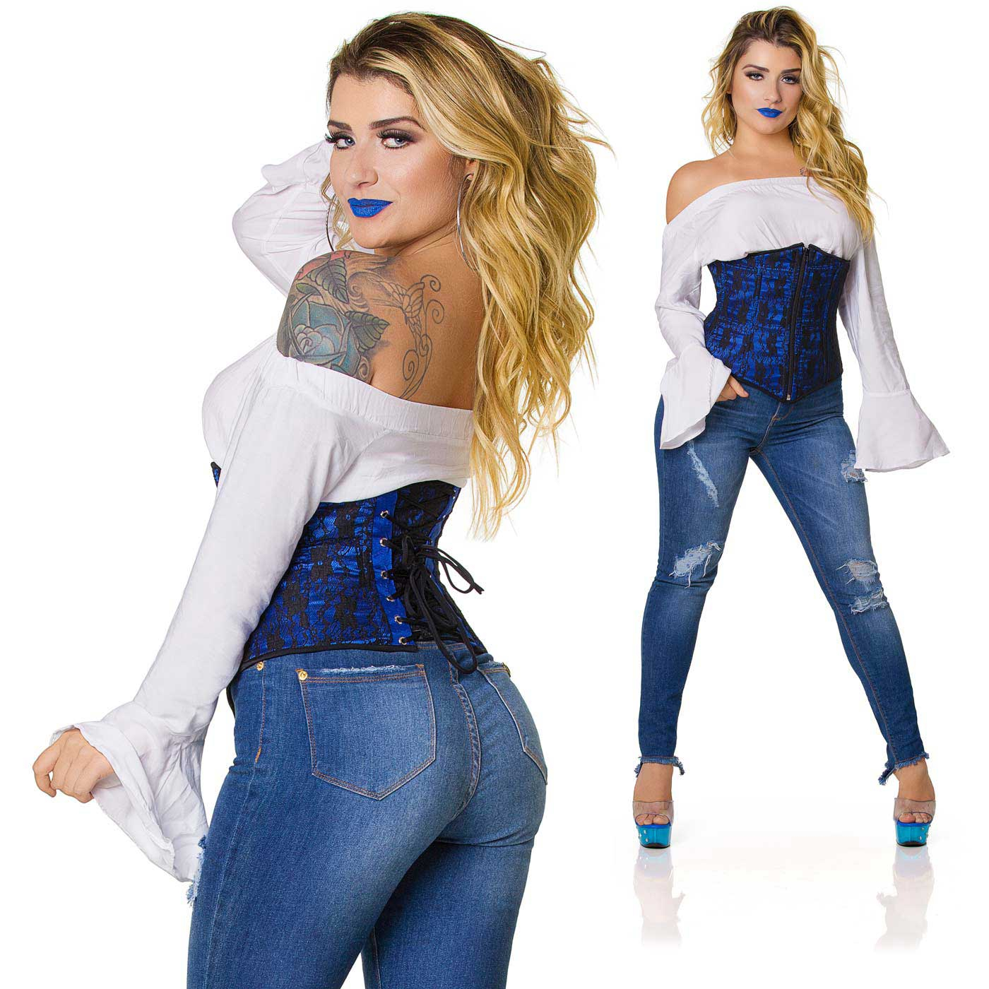Corselet Simples Renda Preta Azul - vista lateral com cadarco ajustado e blusa