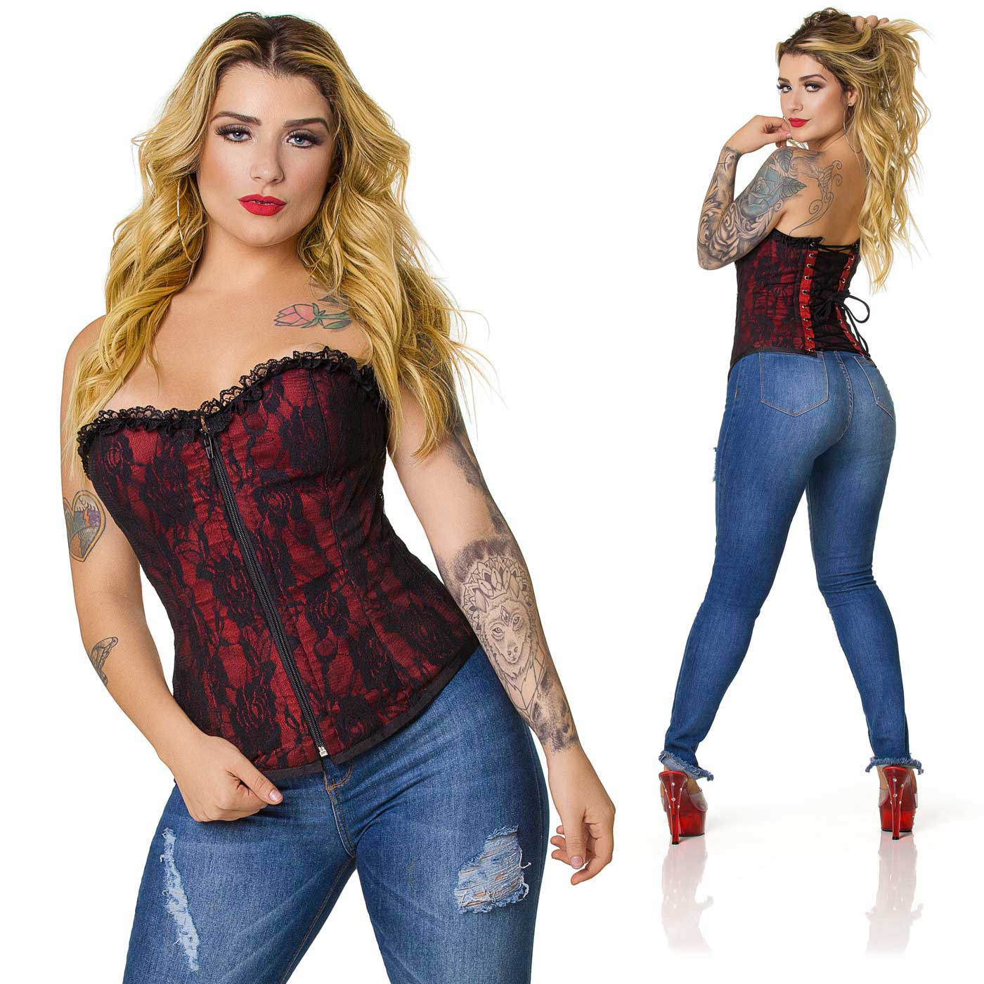 Corpete com Bojo Rendado Vermelho - Modelo em destaque frontal e traseiro, fecho frontal aparente