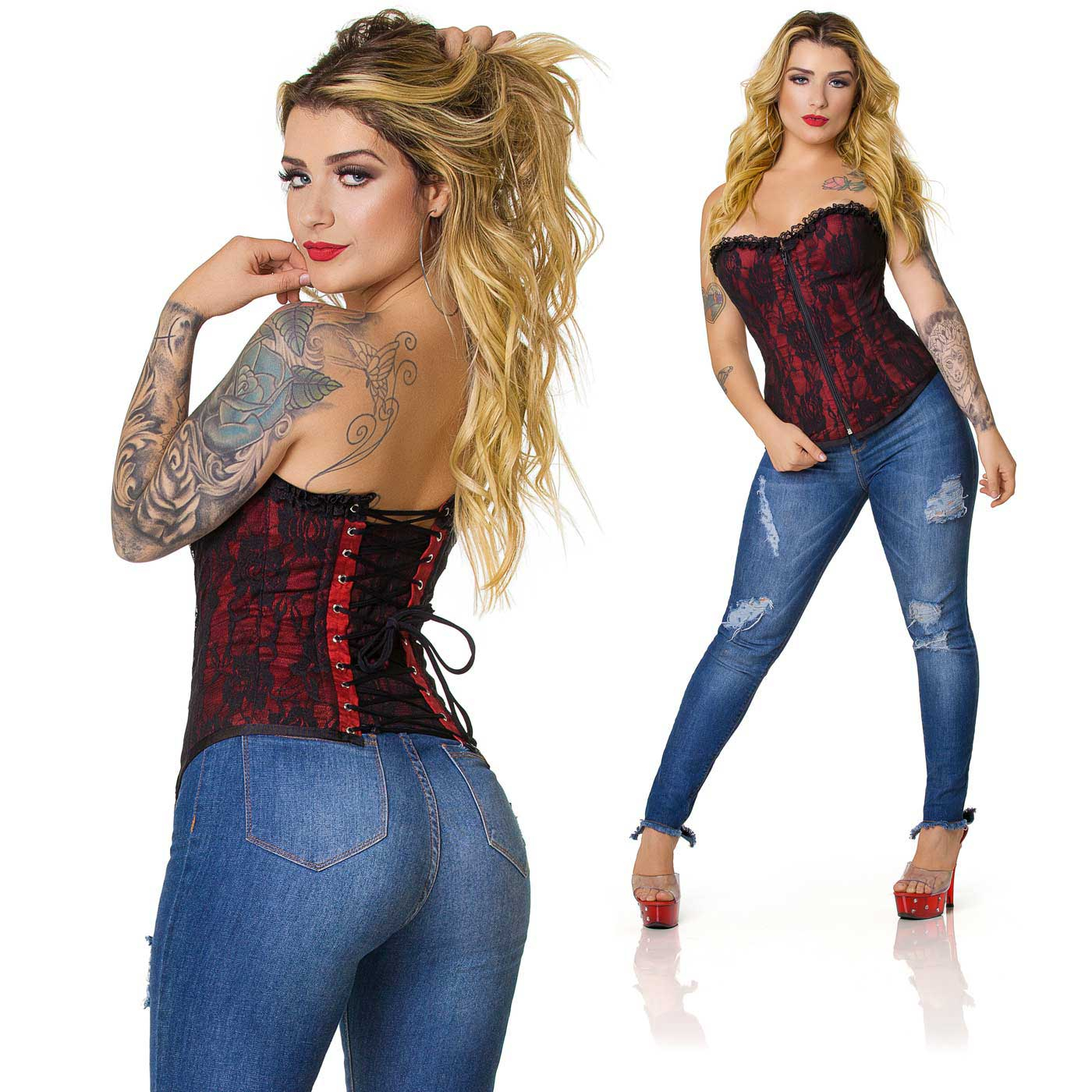 Corpete com Bojo Rendado Vermelho - Modelo em destaque frontal e traseiro, fecho do corselet aparente