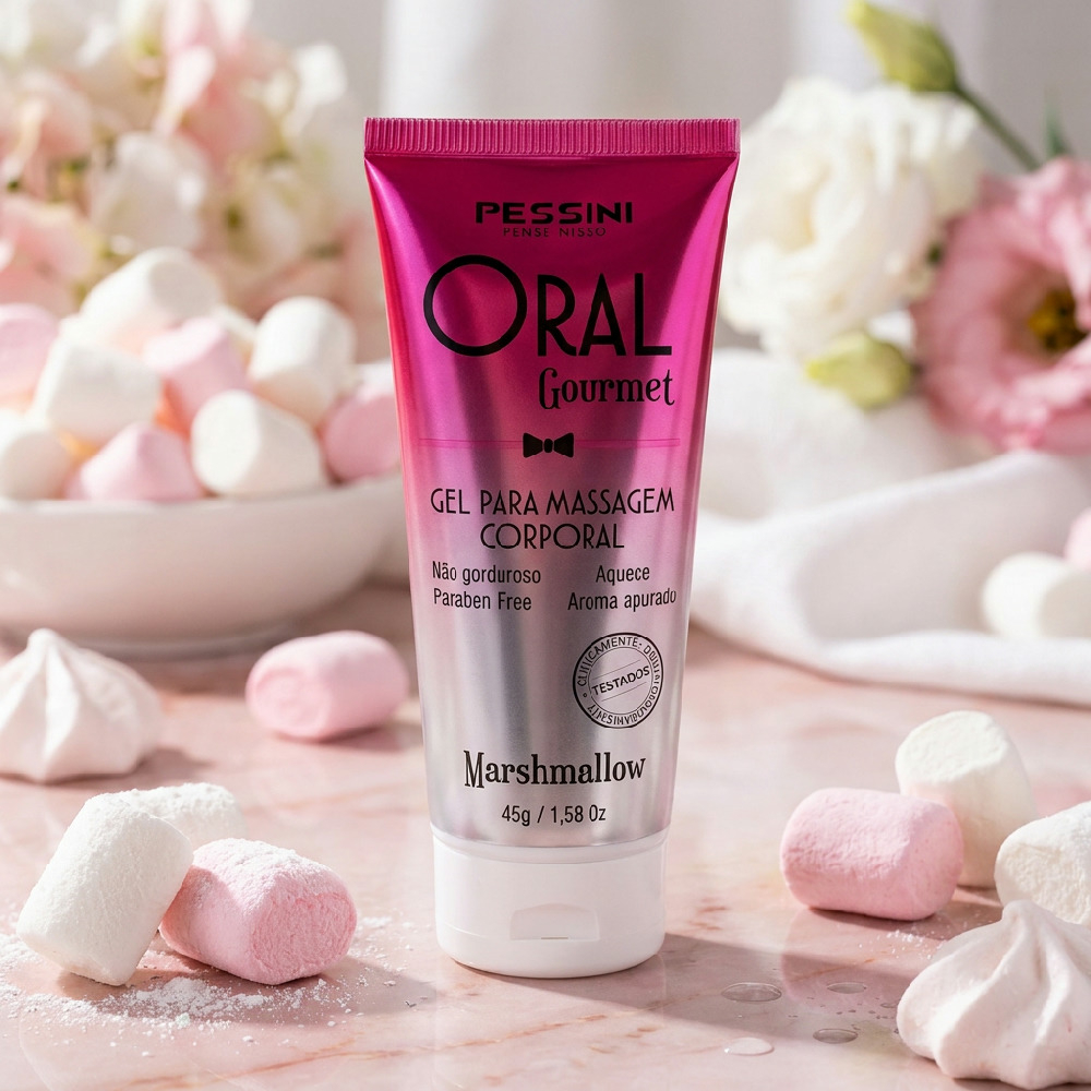 Detalhe da embalagem do Gel para Sexo Oral Beij�vel Oral Gourmet Marshmallow 45g, mostrando selos de testado clinicamente e selo ANVISA