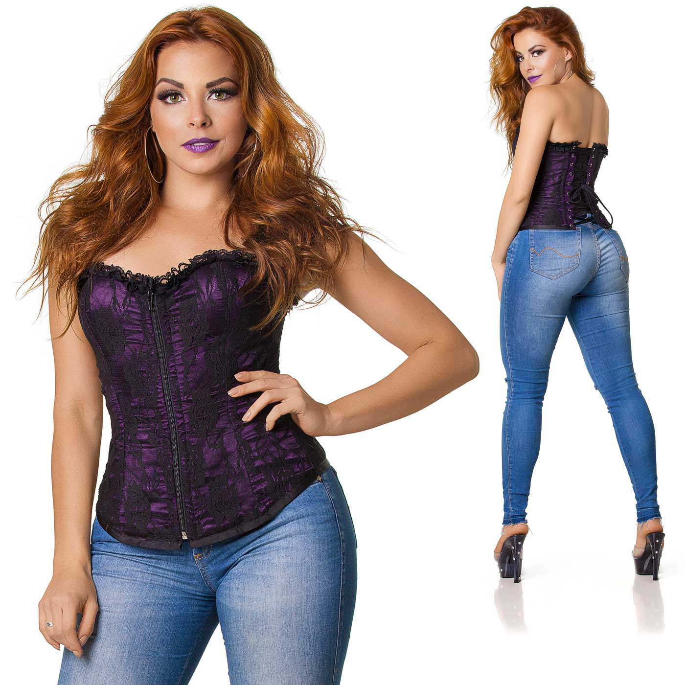 Corpete com Bojo Rendado Roxo - Detalhe frontal e traseiro proximos