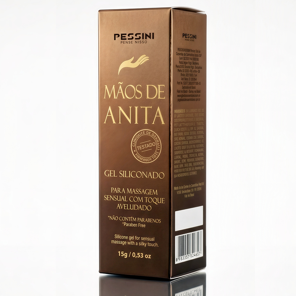 Caixa e bisnaga do Gel M�os de Anita 15g em perspectiva lateral, com detalhes da embalagem