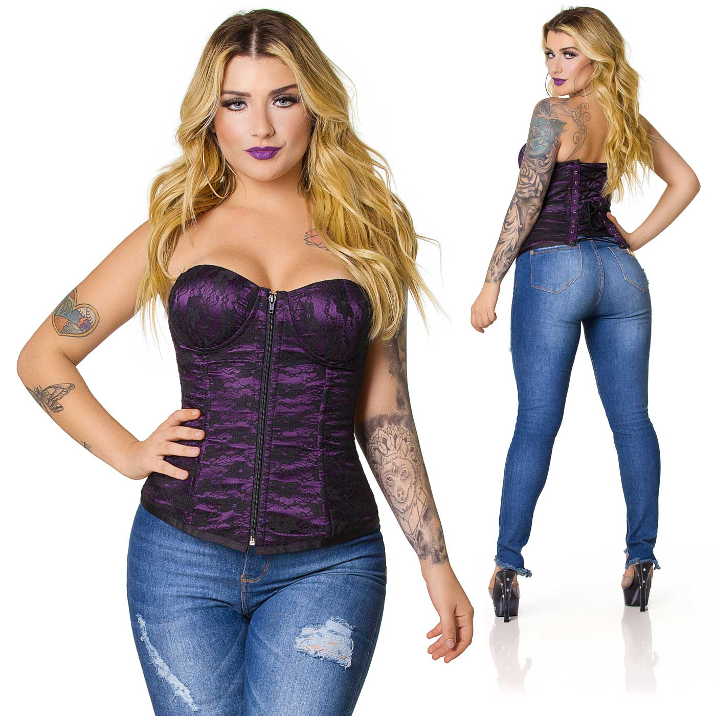 Corpete Simples com Renda Roxo em close frontal, detalhes da renda e acabamento dos bojos