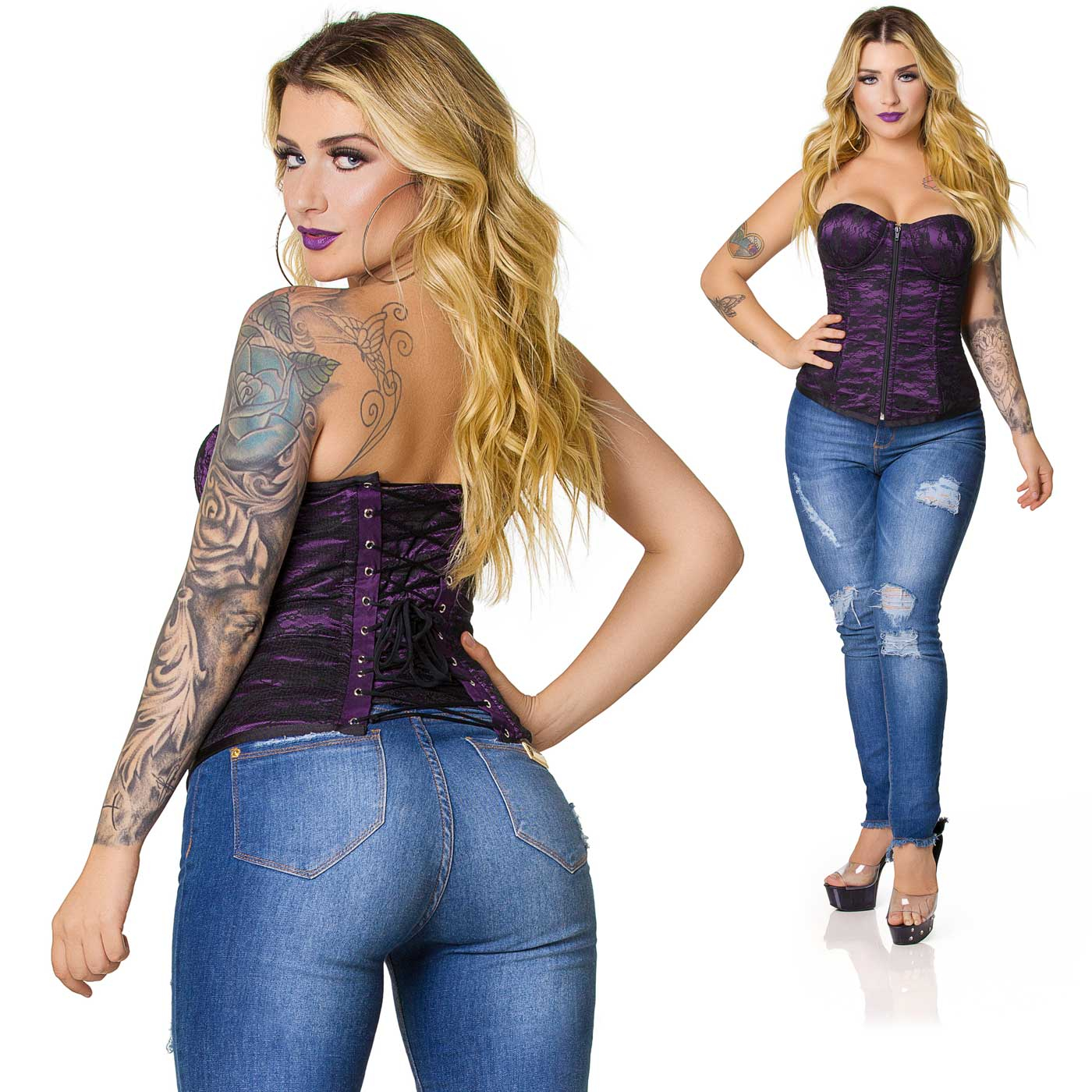 Corpete Simples com Renda Roxo em close traseiro, foco nos detalhes dos ilhoses e la�os