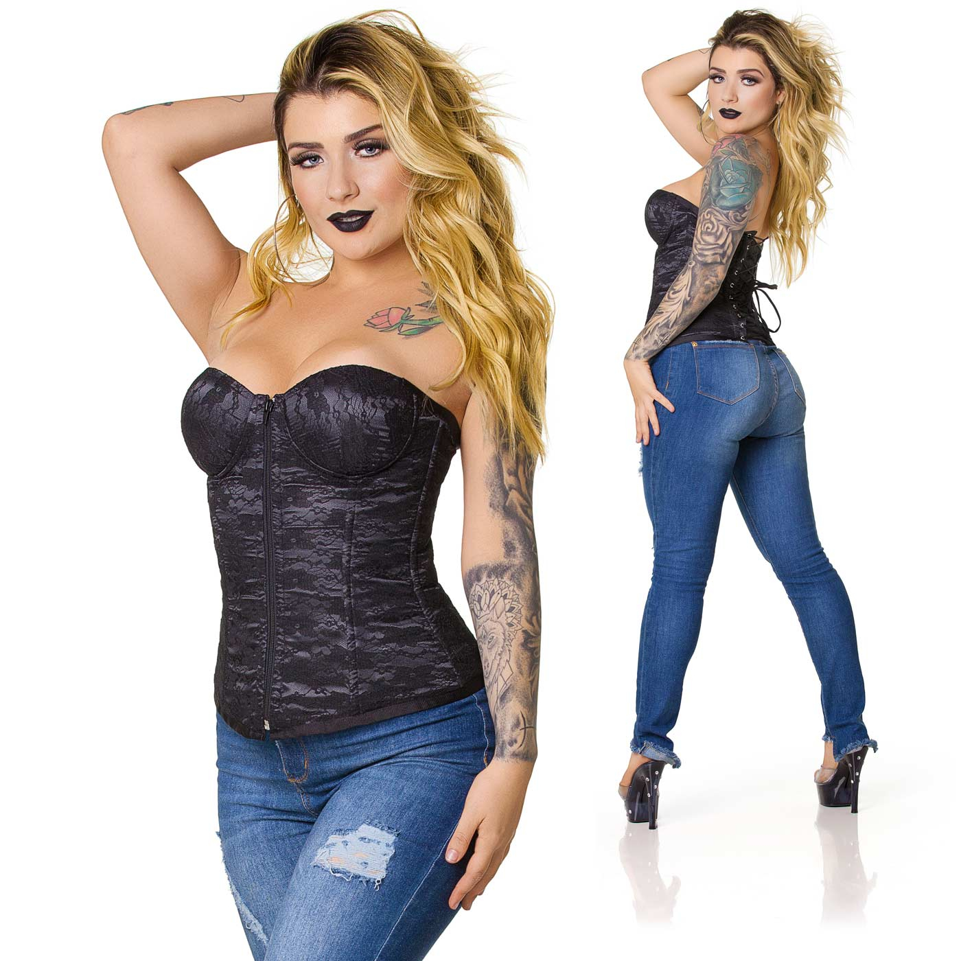 Duas vistas do Corpete Simples com Renda Preto: frontal e traseira em conjunto