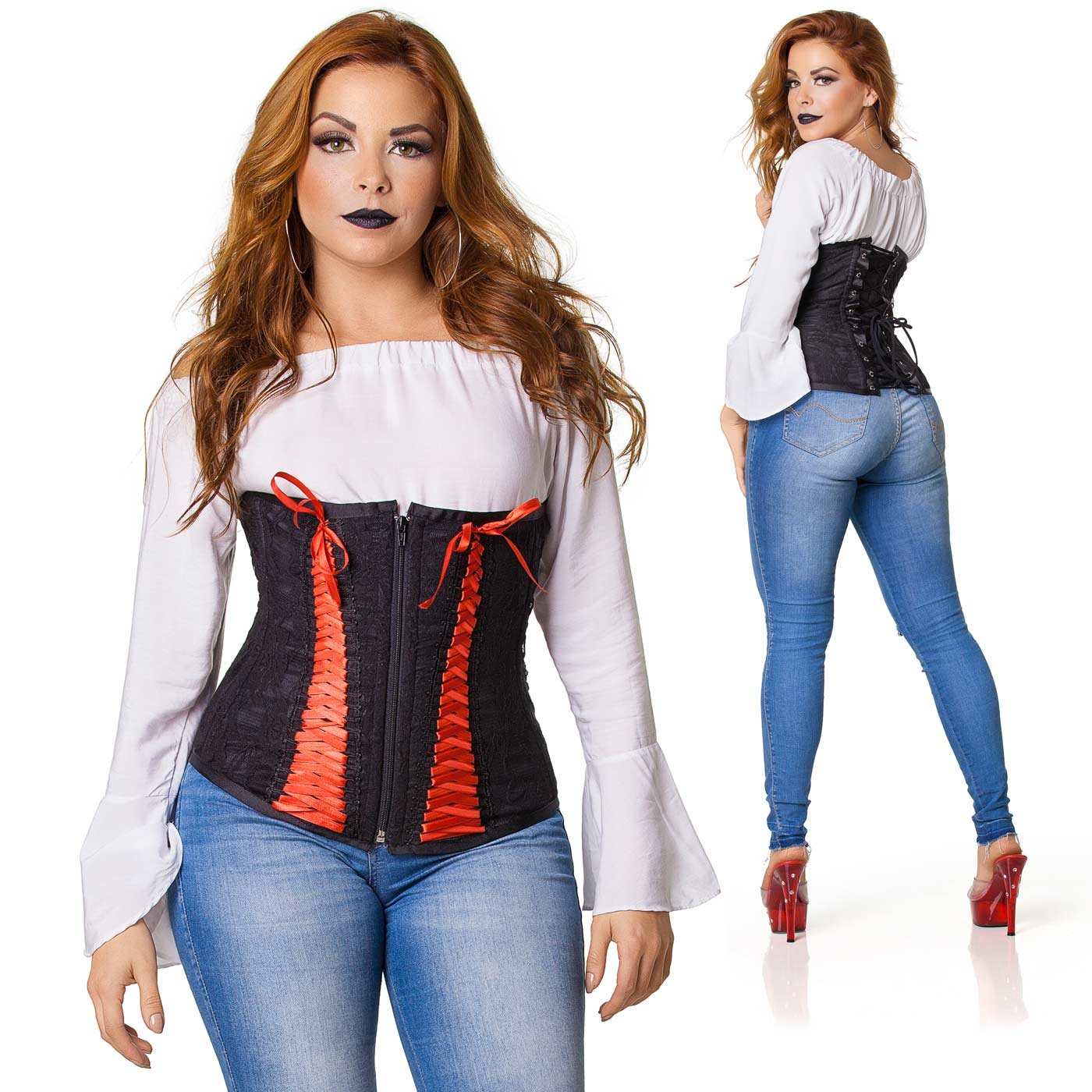 Corselet preto com fita vermelha tran�ada, vista frontal detalhada, mostrando amarra��es e z�per