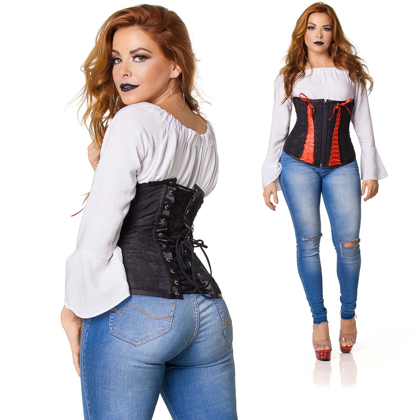 Corselet preto com fita vermelha tran�ada, vista traseira detalhada, evidenciando as amarra��es