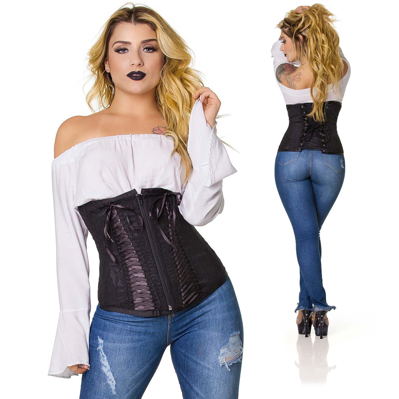 corselet com fita preta trancada preto em vista detalhada frontal, mostrando as fitas trancadas