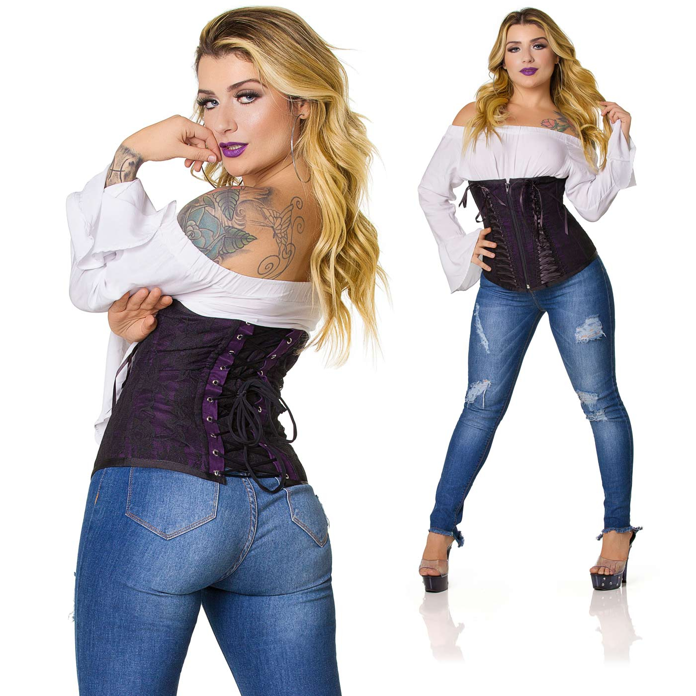 Corselet com Fita Preta Tran�ada Roxo em vista traseira detalhada com amarra��o e lateral