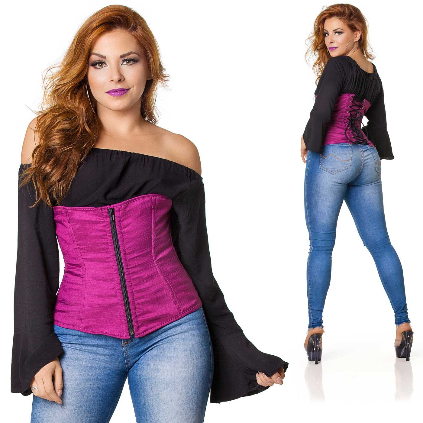 Corselet Simples Vinho, montagem frontal e traseira em modelo, com detalhes do design