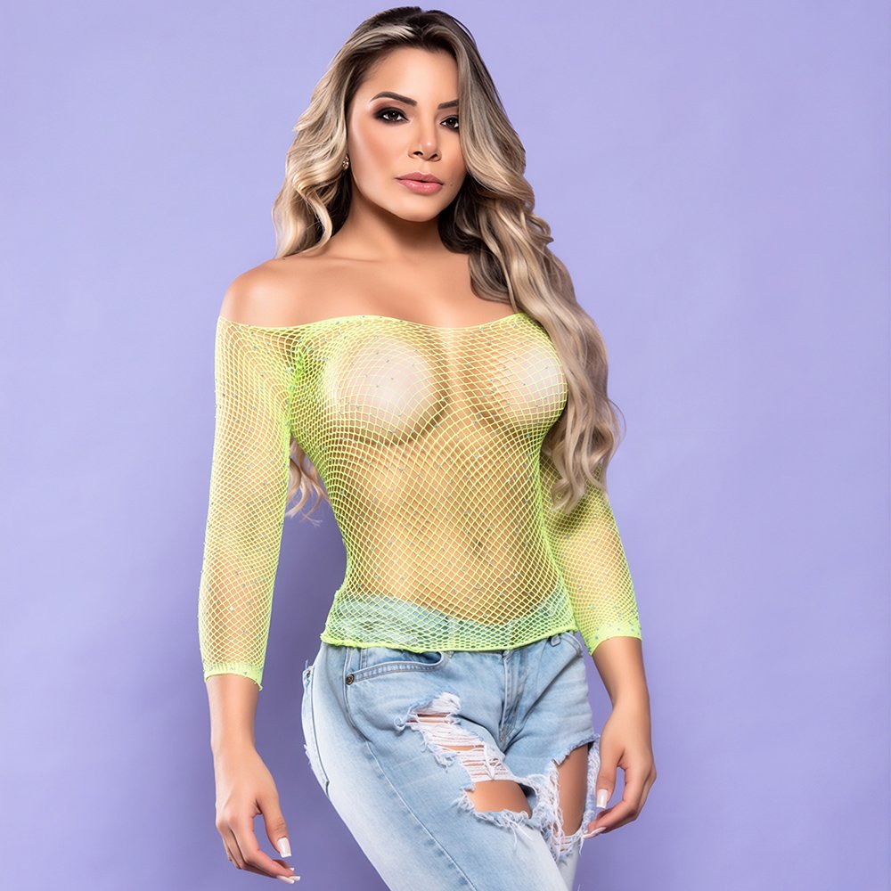 Cropped Sensual Sexy em Spandex Verde Neon com Strass, modelo em pose frontal sexy, com foco na transpar�ncia e brilho
