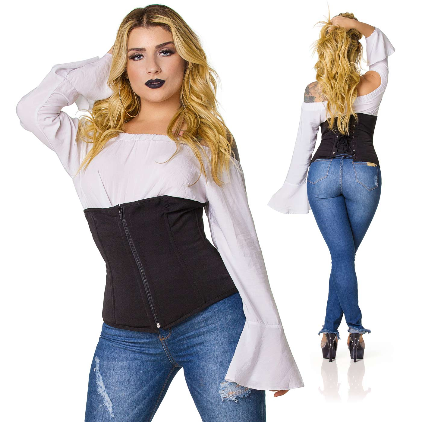 Corselet Simples Preto em modelo, vista combinada frontal e traseira