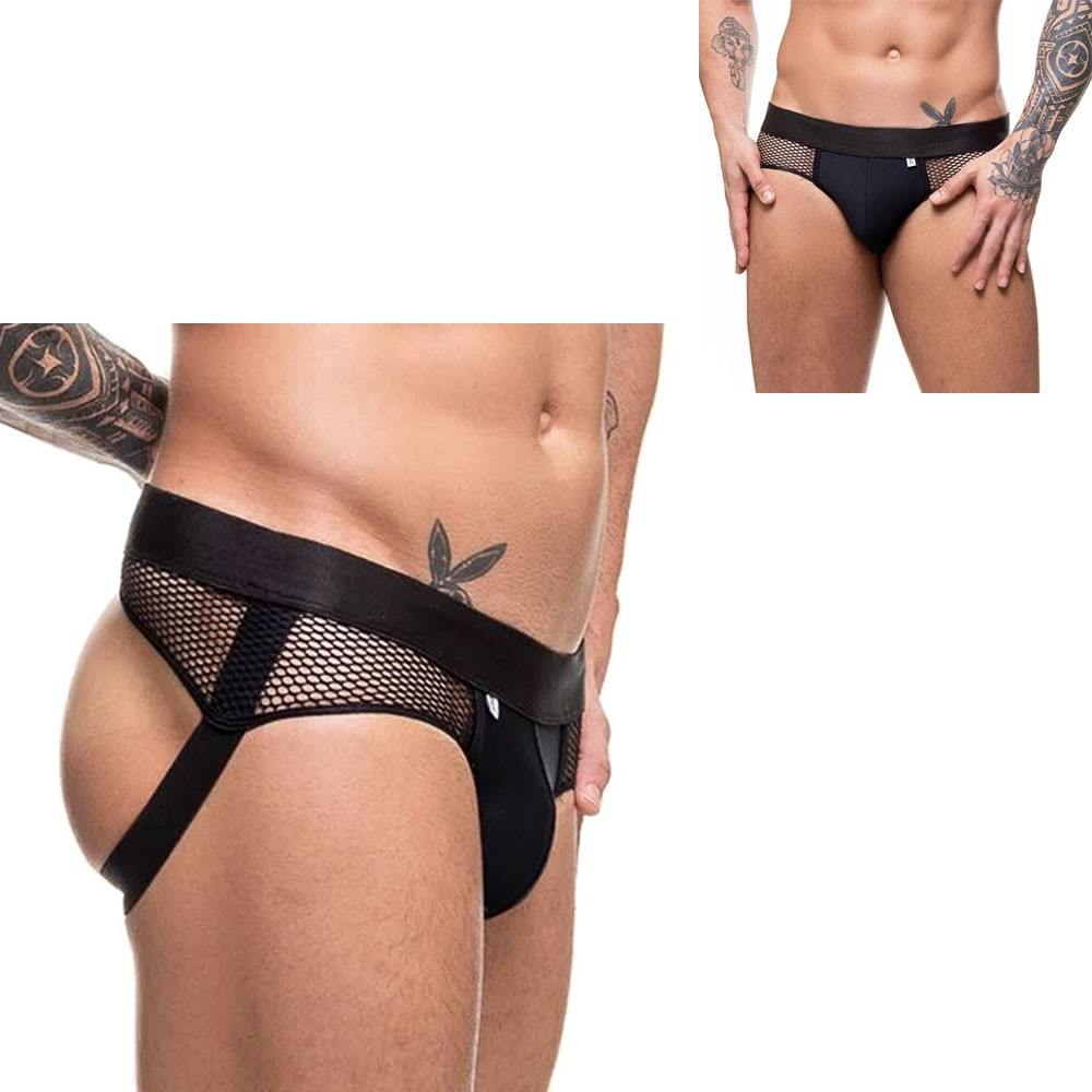 Cueca Sensual Jock com Detalhes em Arrastao e Elástico com Abertura Atrás Preta | Foto 02