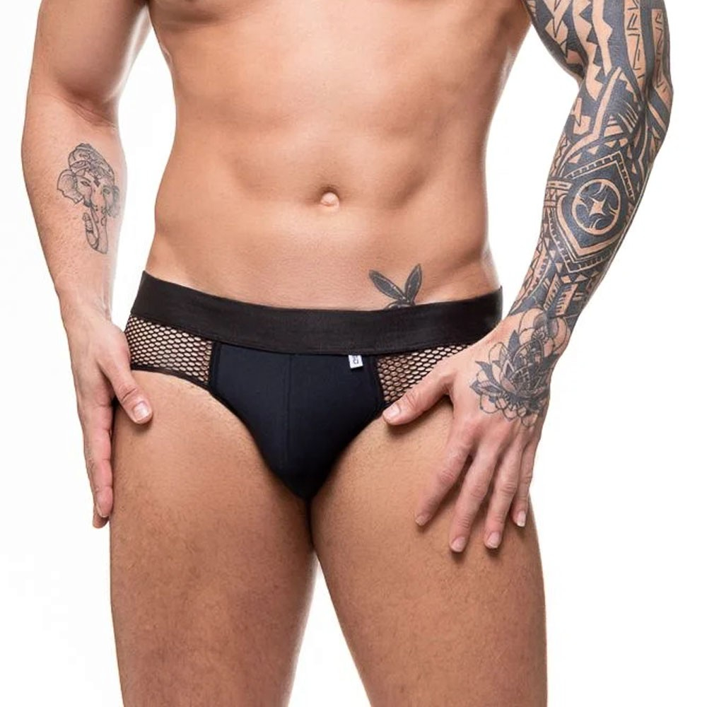 Cueca Sensual Jock com Detalhes em Arrastao e Elástico com Abertura Atrás Preta | Foto 05
