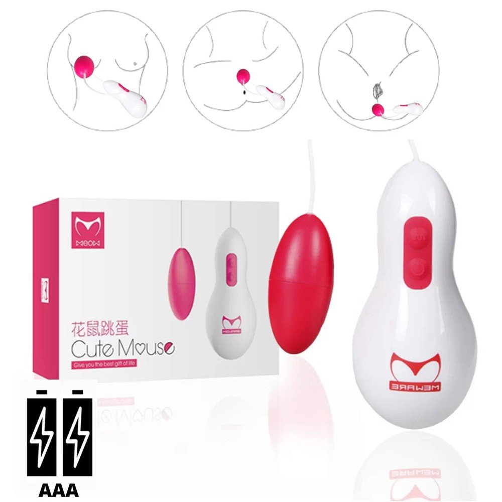 Ilustra��es de uso do Vibrador Bullet Culte Mouse Pink em diferentes zonas er�genas, com embalagem e pilhas AAA