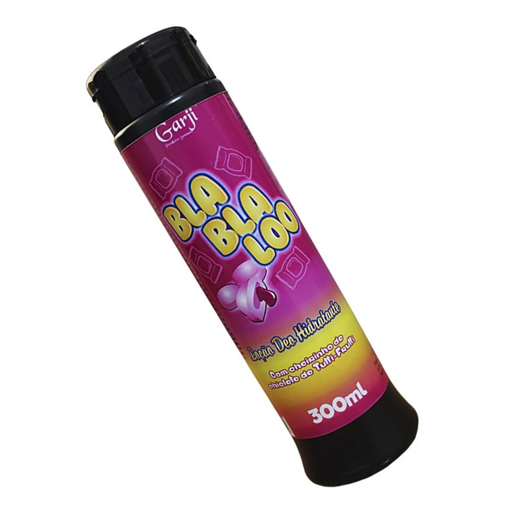 Lo��o Deo Hidratante BlaBlaLoo em outra vista diagonal, destacando o r�tulo colorido e o logotipo Garji