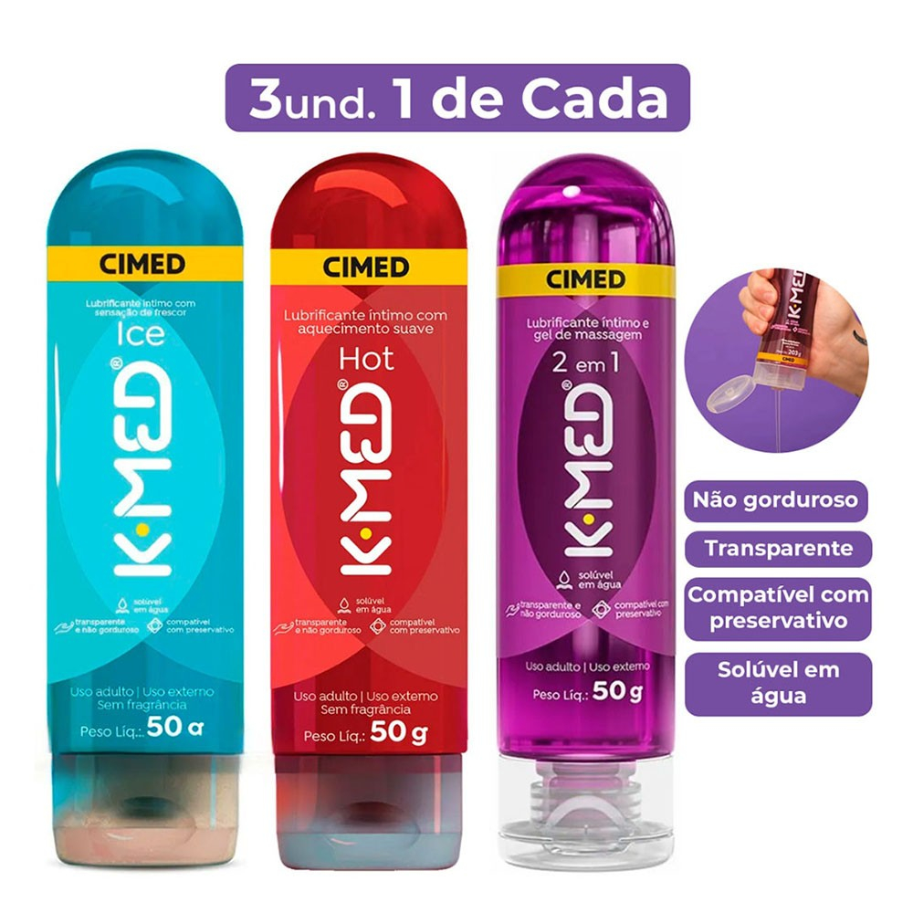 Tr�s frascos de Lubrificante K-Med, um de cada vers�o: Ice (azul), Hot (vermelho) e 2 em 1 (roxo), com 50g cada, destacando suas informa��es.