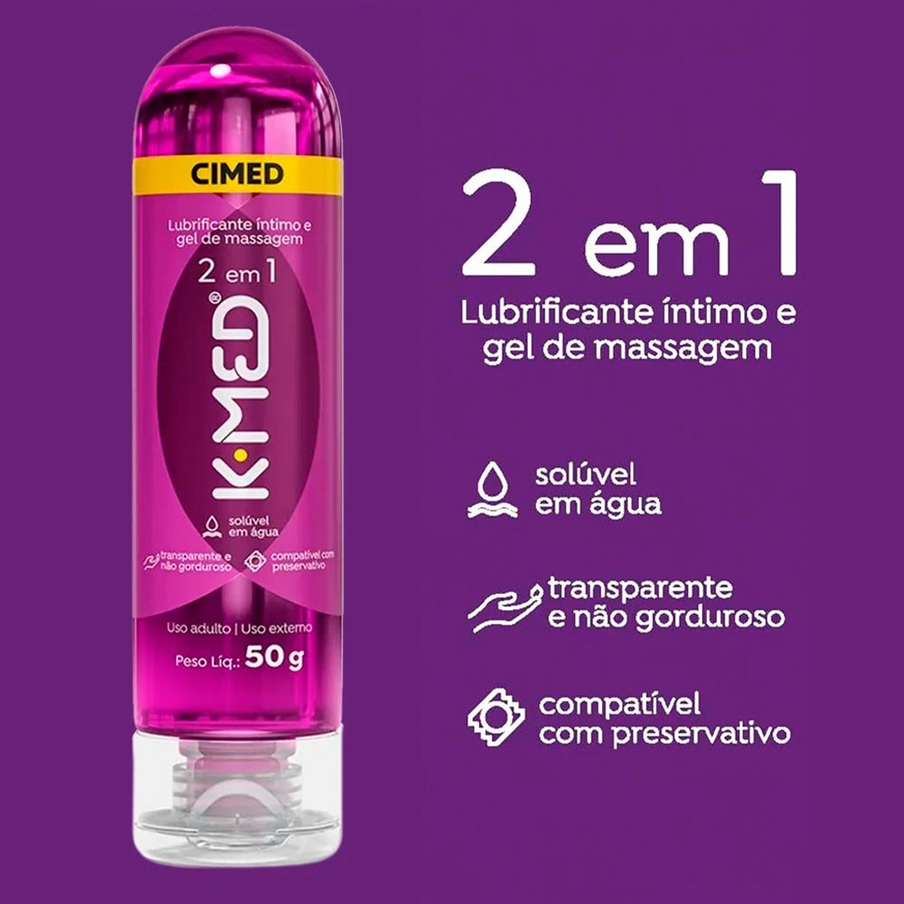 Frasco de Lubrificante �ntimo K-Med 2 em 1, com o r�tulo destacando as caracter�sticas de ser sol�vel em �gua, transparente e n�o gorduroso.