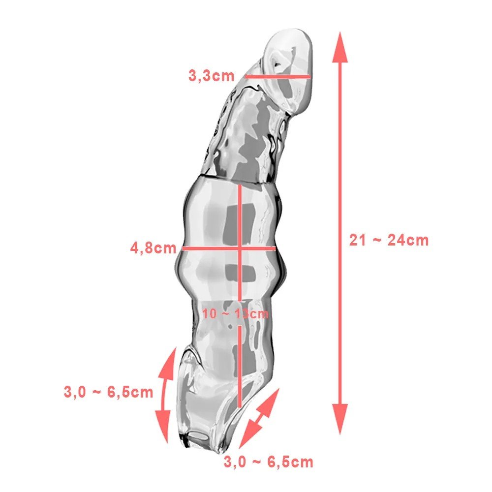 Capa Peniana sem Vibrador em Jelly com Anel Escrotal 21cm Transparente - Medidas detalhadas