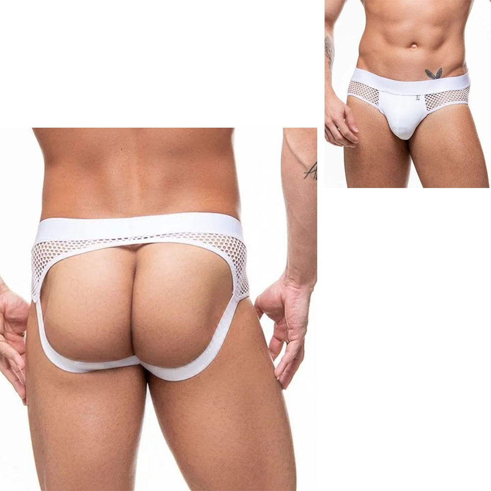 Cueca Sensual Jock com Detalhes em Arrastao e Elástico com Abertura Atrás Branca | Foto 02