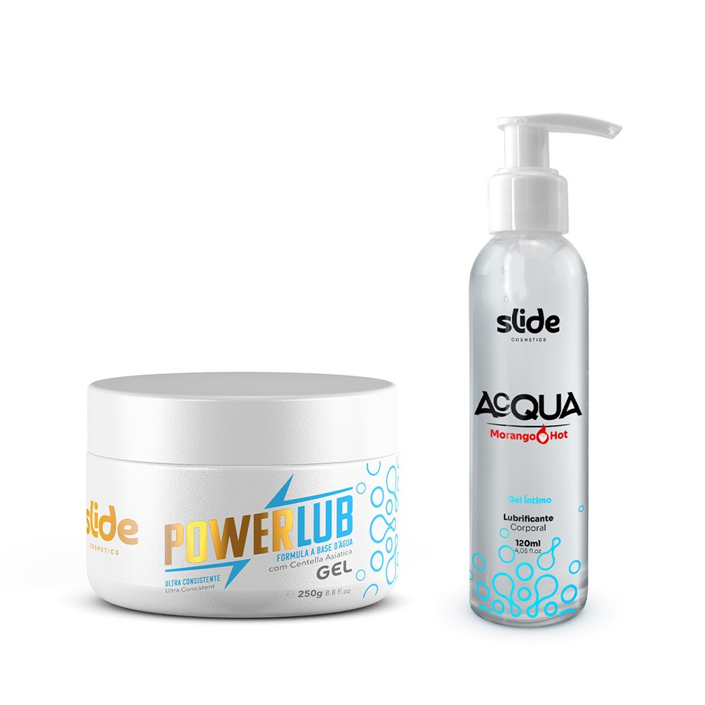 Combo de lubrificantes Acqua Morango Hot e PowerLub Gel com pote aberto mostrando o gel, destacando ambos os frascos
