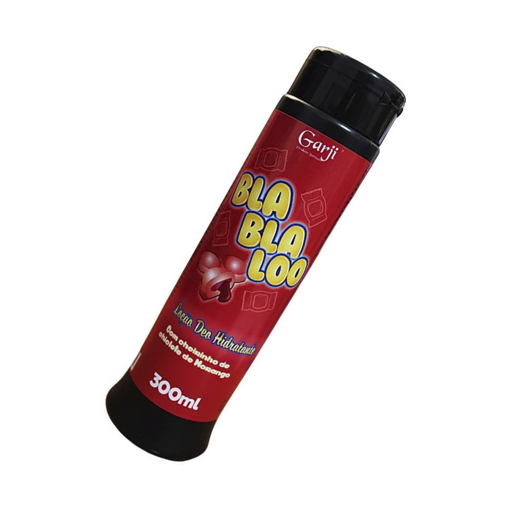 Lo��o Deo Hidratante Blablaboo 300ml em vista inclinada, mostrando o frasco em vermelho e preto
