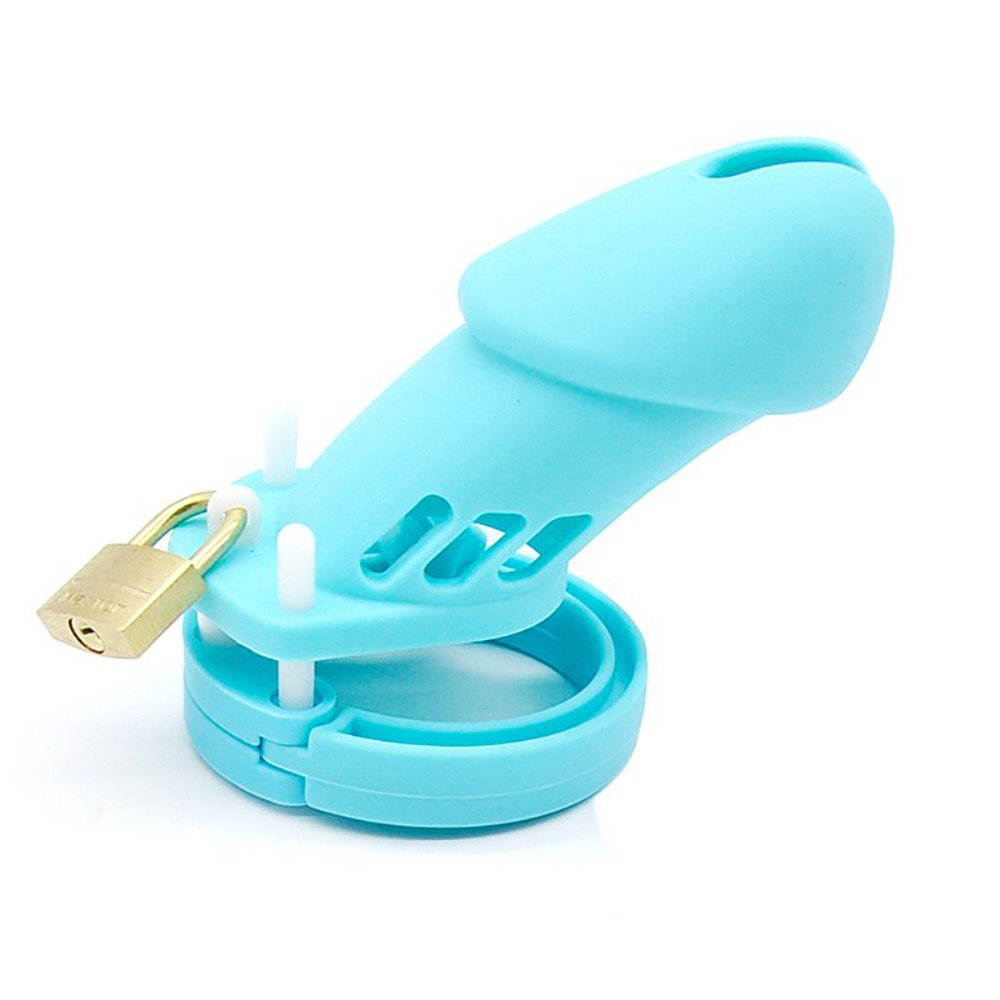 Cinto de Castidade em Silicone com Ponta Vazada e Cadeado 10 x 3,8cm Azul | Foto 02