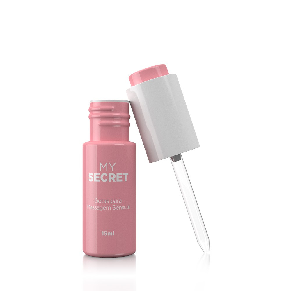 Frasco de Gel Excitante Feminino My Secret 15ml aberto, com o conta-gotas ao lado do frasco rosa
