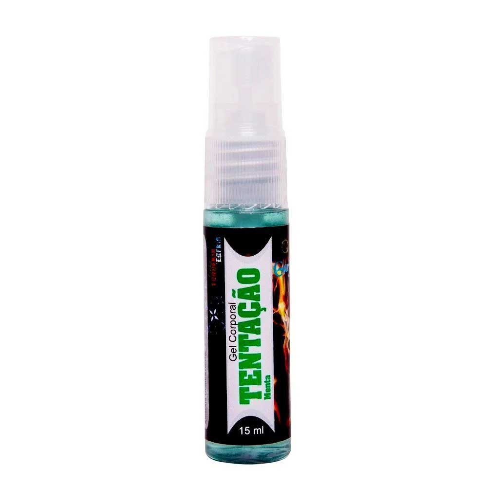Frasco do Gel para Sexo Oral Spray Beij�vel Esquenta e Esfria Tenta��o Menta 15ml em close, com gel verde e detalhes do r�tulo