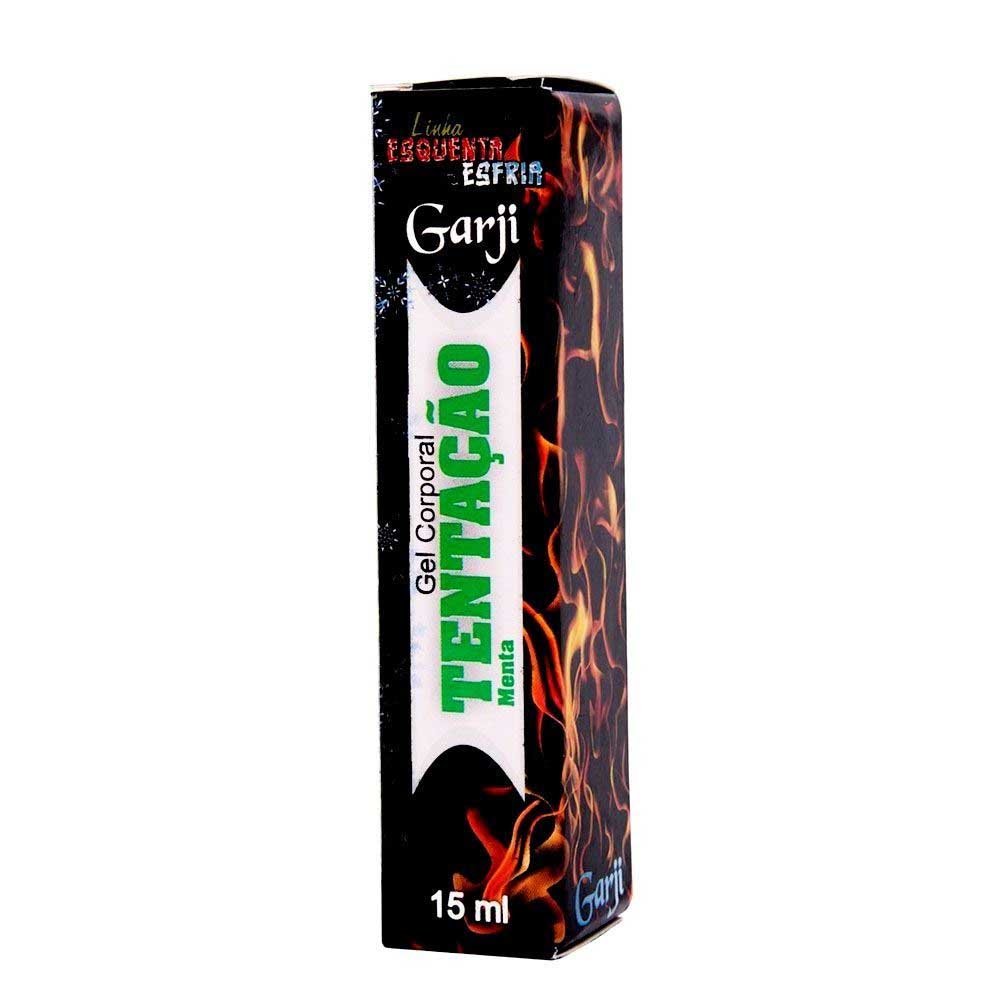 Caixa do Gel para Sexo Oral Spray Beij�vel Esquenta e Esfria Tenta��o Menta 15ml, mostrando o design com chamas e o nome do produto