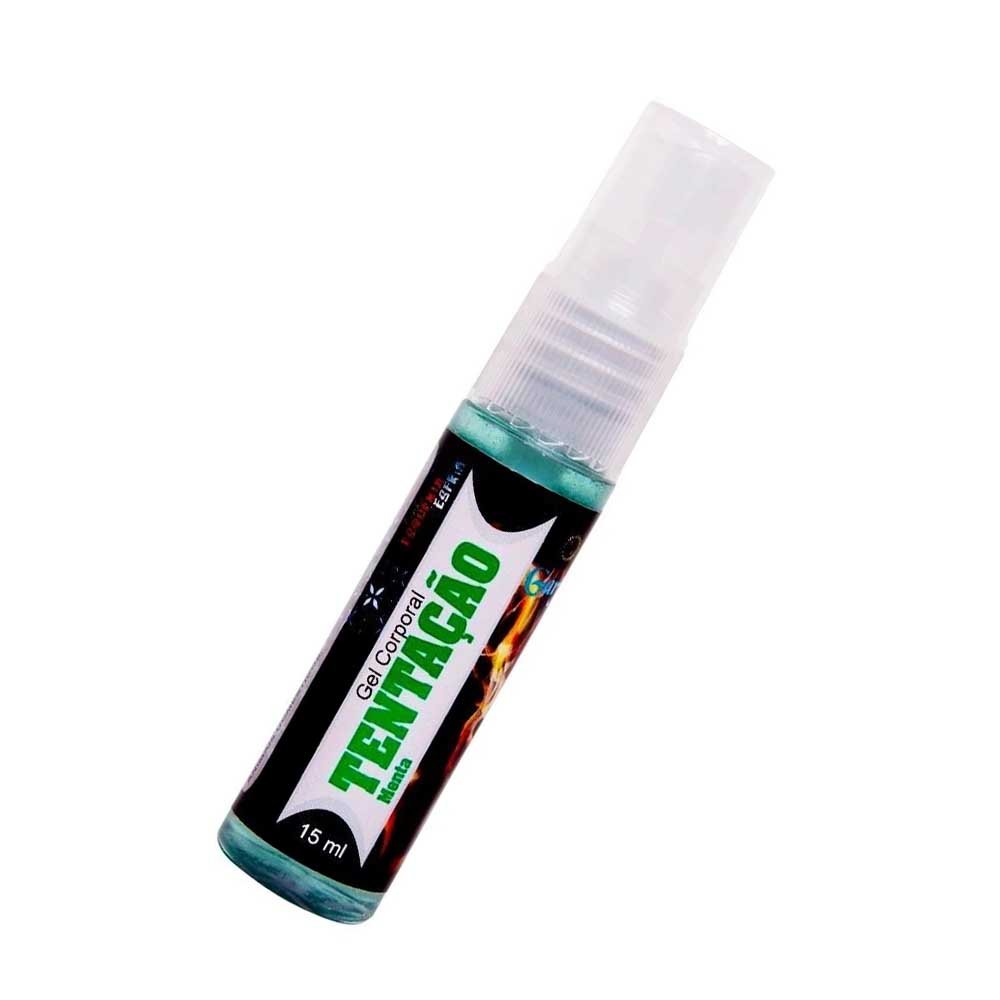 Vista superior do Gel para Sexo Oral Spray Beij�vel Esquenta e Esfria Tenta��o Menta 15ml, mostrando a tampa e parte do frasco