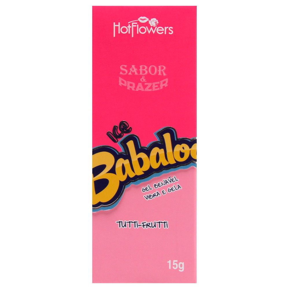 Embalagem do Vibrador L�quido Beij�vel Babaloo Vibra e Gela Tutti-Frutti, vista frontal destacando informa��es e sabor