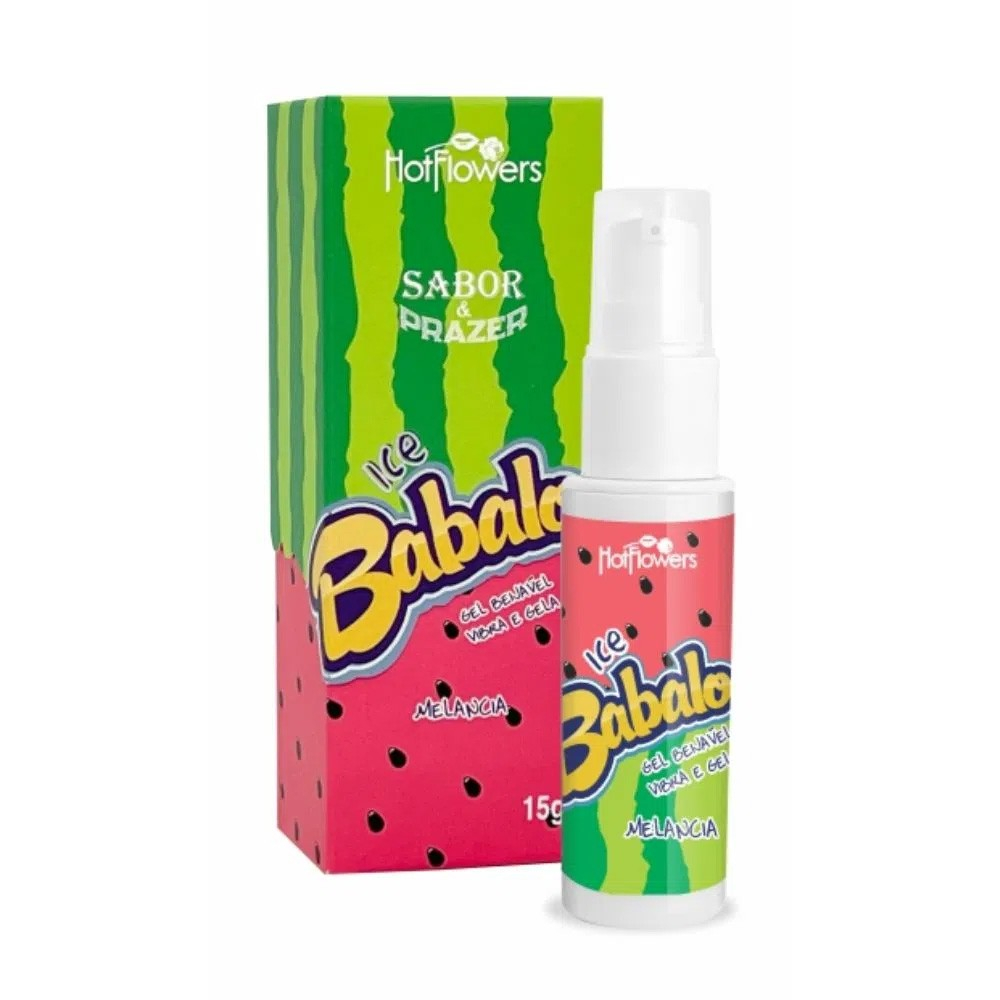 Vibrador L�quido Beij�vel Babaloo Vibra e Gela Melancia 15g, frasco spray em vista frontal, destacando a marca Hot Flowers
