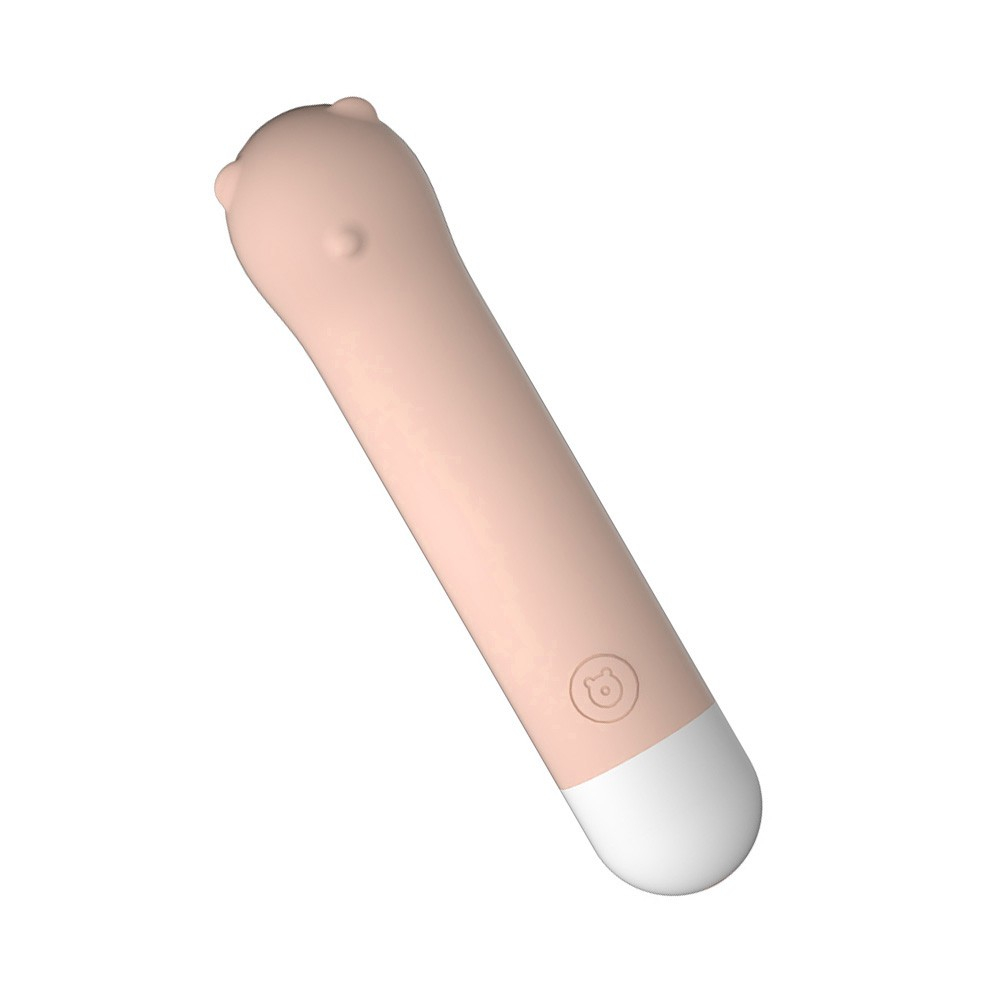 Vibrador Ponto G Urso Bege em postura elevada, mostrando curvatura e base de carregamento