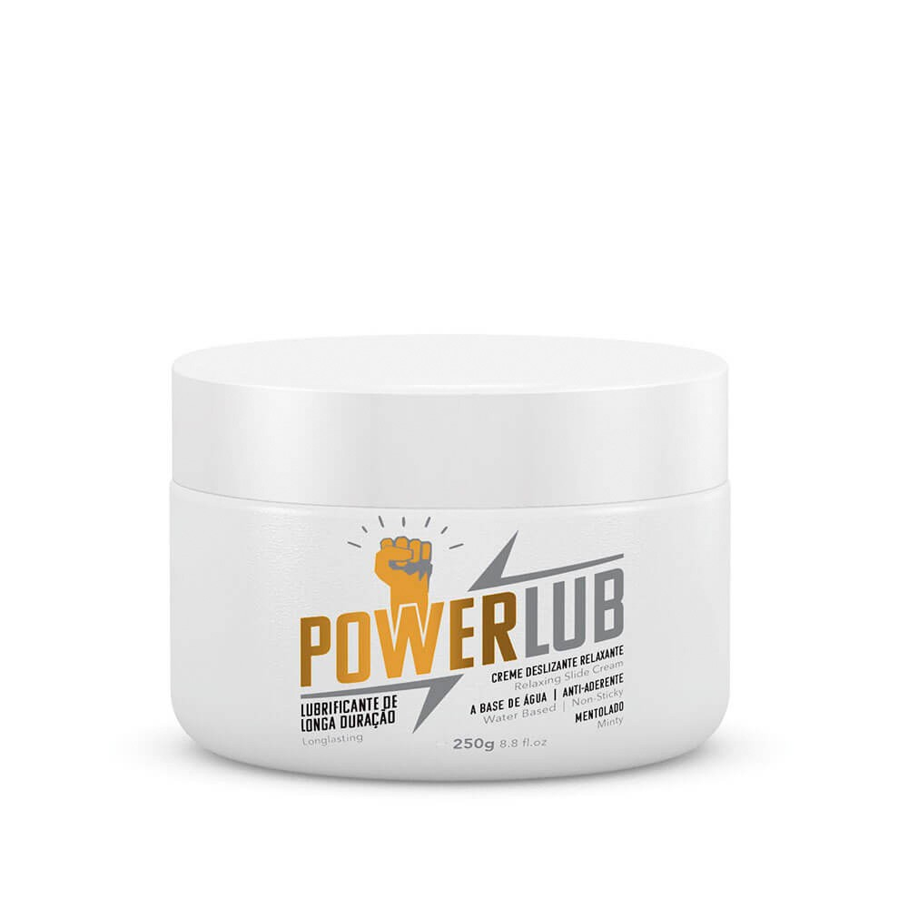 Conjunto de v�rios potes de Lubrificante PowerLub para Fisting com �leo Coco 250g, com um pote em destaque na frente.